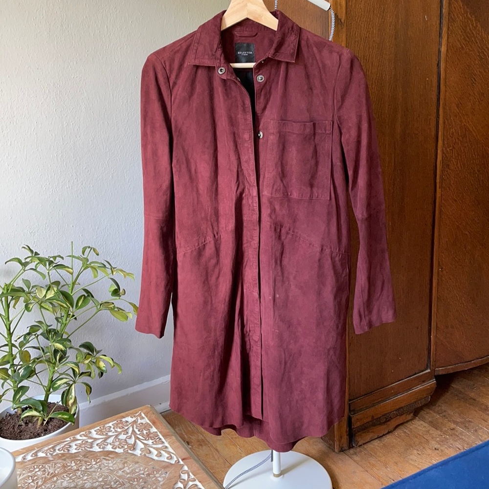 Selected Femme Leather Dress Jacket Red Suede Lined Button Down Small